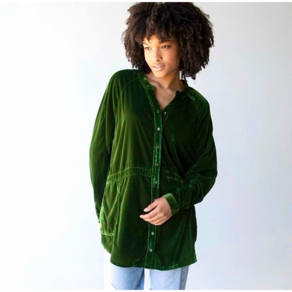 NATURAL LIFE Laid Back Olive Green Velvet Button Down Tunic Shirt XL Lagenlook